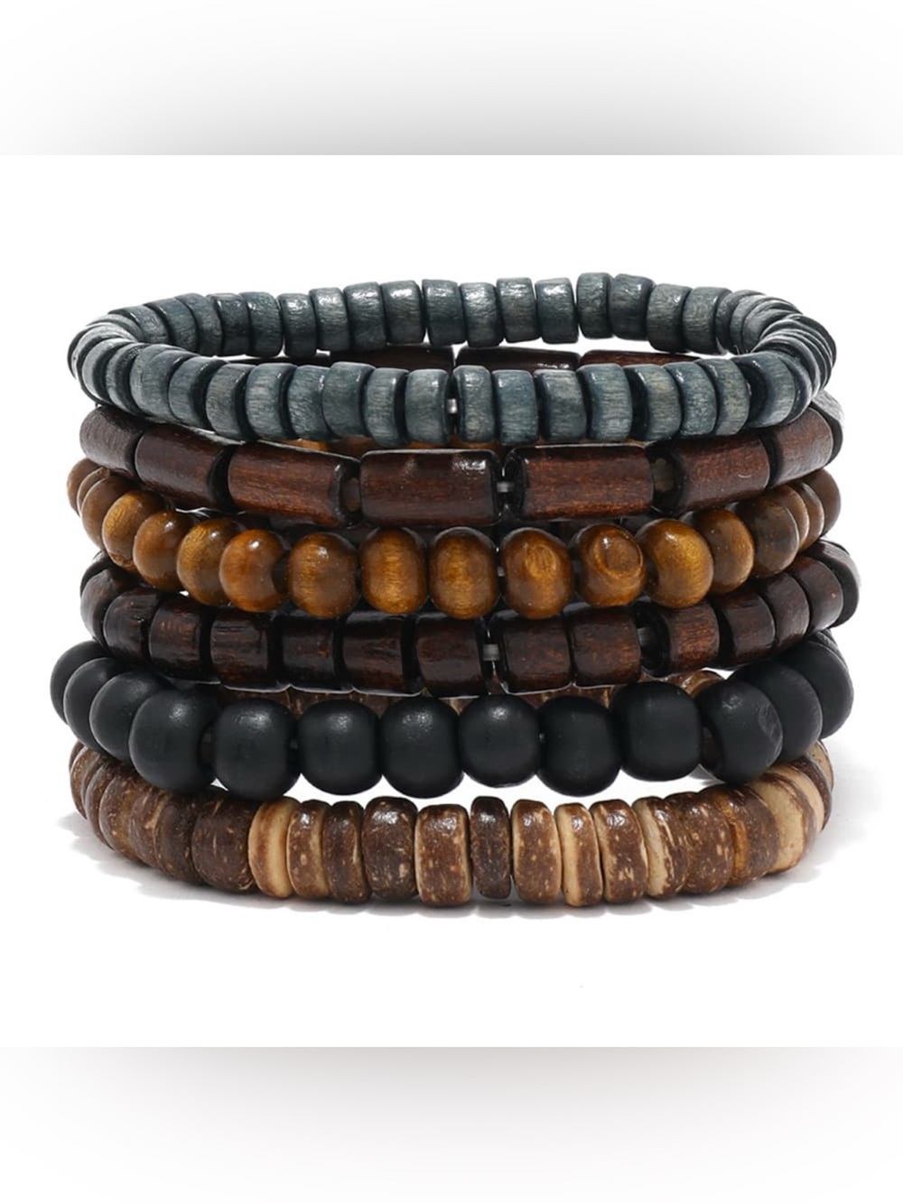 Stacked Wooden Bead Bracelet Set - Multi Brown & Black
